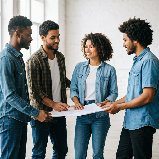 A happy diverse team of movers discussing a plan in a modern bright office environment